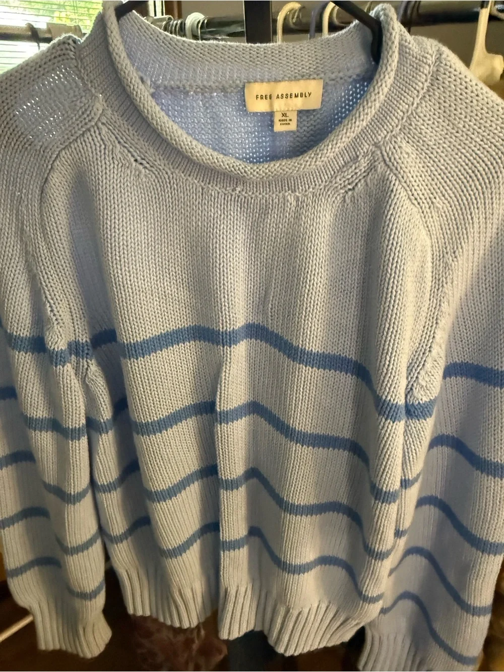 FREE ASSEMBLY Light Blue Striped Crewneck Sweater